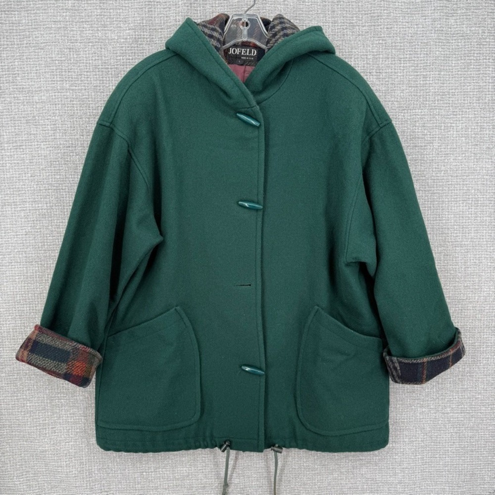 Vintage Jofeld Hooded Toggle Coat Women L Green Plaid Trim Boho Country
